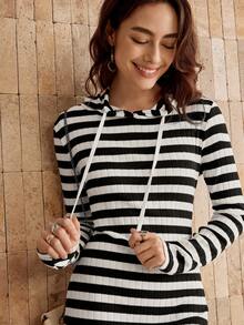 Wildy Women's Black & White Ribbed Hooded Bodycon Maxi Dress - Black and White - View 3