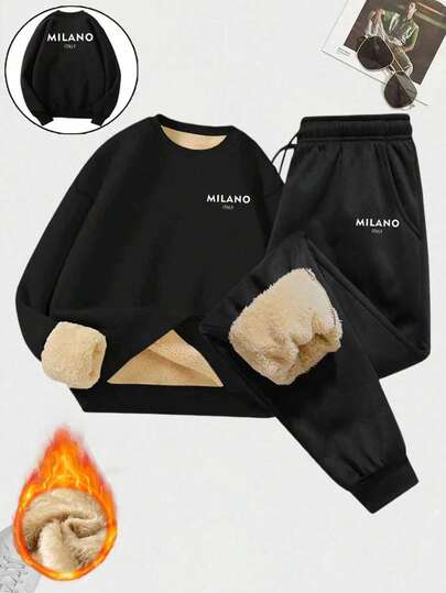 Men's Autumn/Winter Solid Color Casual Fleece Warm Long Sleeve Printed Sweatshirt And Pants 2 Pieces Set