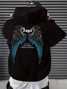 Sudadera con capucha para hombres - Negra con gráfico de alas de ángel azules - Sudadera de ajuste holgado, bolsillo delantero - Ropa exterior casual para todas las estaciones para eventos diarios y formales - Esencial de moda urbana estilo INS, sudadera con capucha, ropa de otoño e invierno, diseño geométrico moderno, tela cómoda, ropa de estar en casa, moda urbana, material suave, amantes del estilo callejero, sudadera con capucha para hombres con estampado de alas, sudadera con capucha y estampado de alas Yk, sudadera gótica para hombres con capucha, sudadera para hombres con bolsillo - Negro - Ver 1