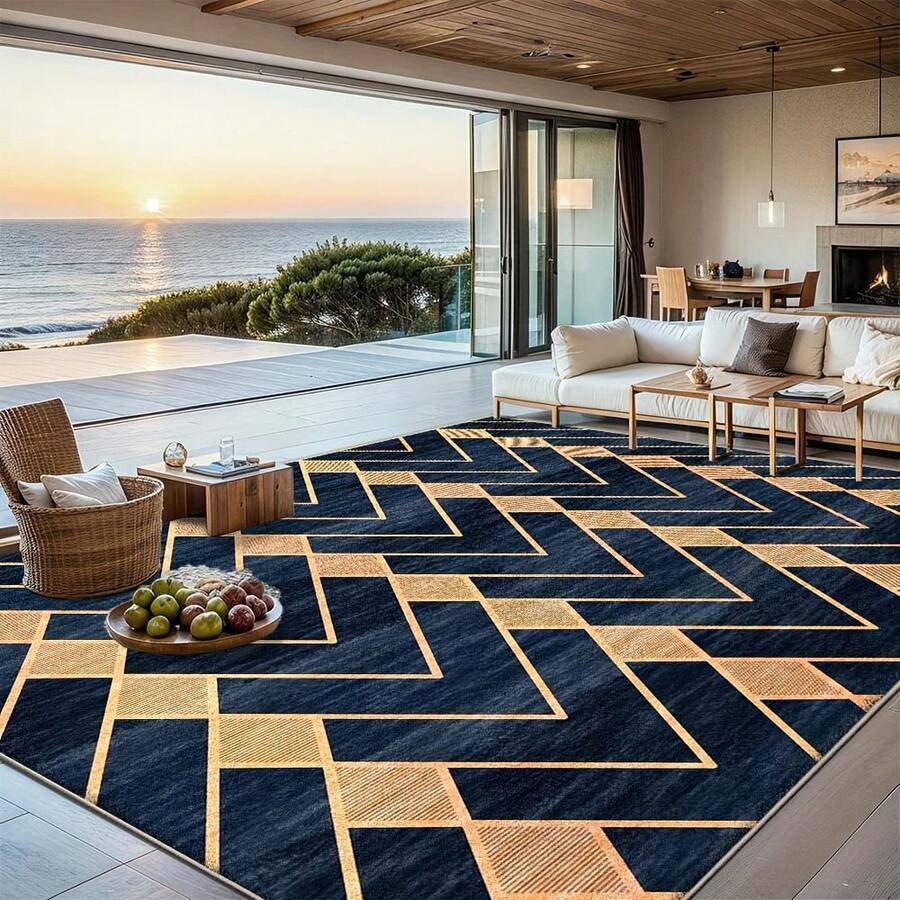 Large Modern Geometric Rug - Navy Blue And Gold Brown Woven Rug, Soft Flat Woven Large Area Rug, Suitable For Living Room, Bedroom, Office - Machine Washable, Navy Blue And Gold Home Decor Rug, Rectangular Geometric Pattern Woven Rug, Suitable For Spaces Over 2. 16 Square Meters, Fashionable Navy Blue And Gold Design, Easy To Clean And Move, Durable Material, Vintage Carpet - Nhiều màu - Xem 1