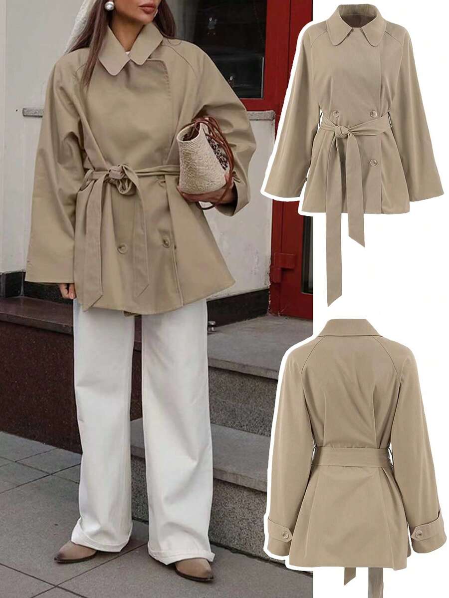 Women's New Design Casual Elegant Trench Coat, Mid-Length Jacket With Tie Waist, Long Sleeve, Vintage Thin Outerwear For Commuting, Autumn/Winter