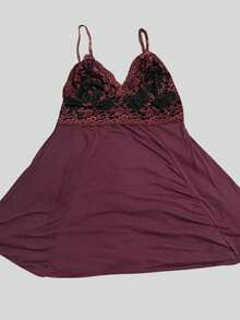 Women's Two-Tone Plus Size Comfortable Strappy Pajamas - 酒紅色 - 查看 1