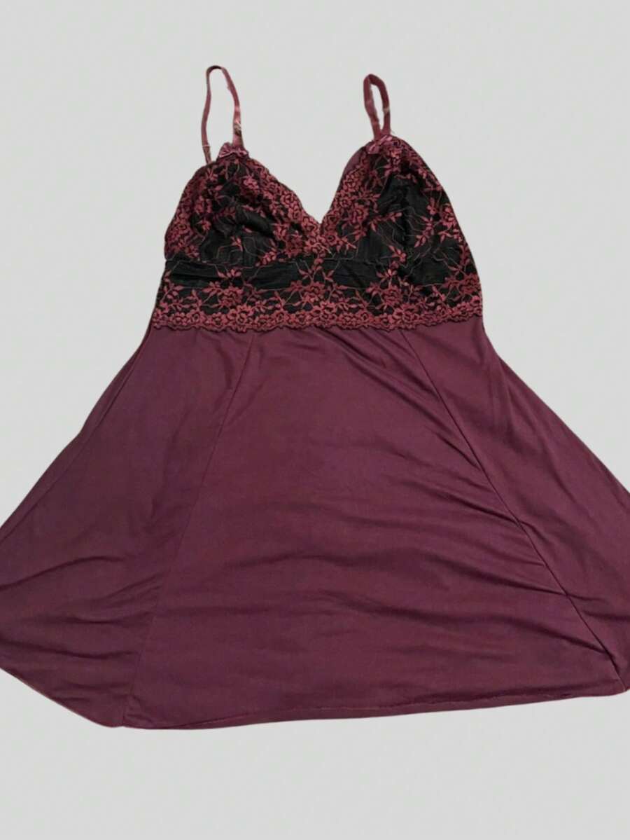 Women's Two-Tone Plus Size Comfortable Strappy Pajamas - 酒紅色 - 查看 1