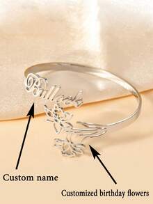 1pc Customizable Birthday Flower Name Bracelet, Personalized Name Bracelet, Gold Color Bracelet, Stainless Steel Jewelry, Gold/Silver Available, Personalized Bracelet, Bridesmaid Gift, Birthday Gift, Surprise Gift, Valentine's Day Gift, Mother's Day Gift, Ramadan Gift, Gift For Mother, Lover, Girlfriend, Best Personalized Gift - Multicolor - View 9