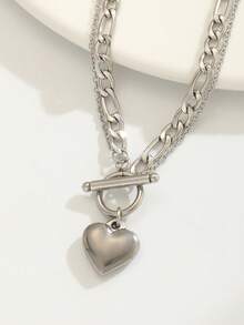 1 件时尚流行心形吊坠不锈钢项链，适合青少年男孩女孩朋克嘻哈街头饰品，适合日常佩戴 - 銀色 - 查看 1