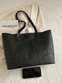 女士时尚休闲通勤单肩包，纯色大容量手提包适合约会、旅行、户外购物 - 黑色 - 查看 3