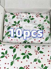 5/10/20 Green Christmas Leaf And Red Berry Pattern Thin Paper, 19.69 Inches X 13.78 Inches Gift Wrapping Paper, Suitable For Wedding, Christmas, Birthday Gift Packaging, Bouquet Filling, Party Gifts