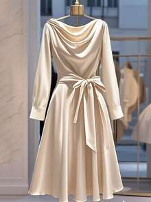 优雅大码长袖高领连衣裙，配有腰带和垂褶结饰，A字廓形，奶油色，无弹力面料 - 杏色 - 查看 2