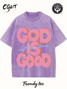 Men's God Is Good Distressed Graphic Tee, Oversized Crew Neck Short Sleeve Vintage Wash T-Shirt, Unisex Boyfriend Fit - 紫色 - 查看 1