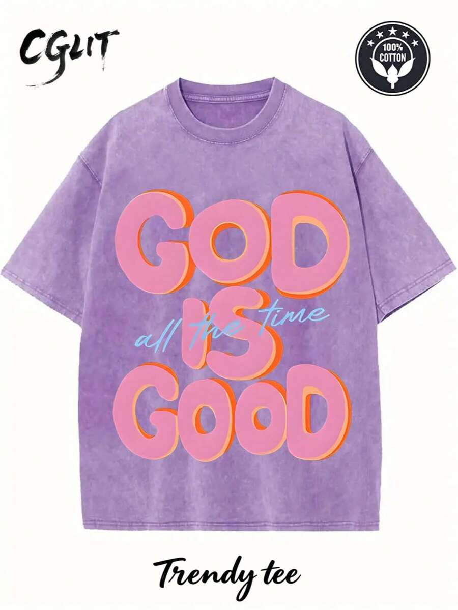 Men's God Is Good Distressed Graphic Tee, Oversized Crew Neck Short Sleeve Vintage Wash T-Shirt, Unisex Boyfriend Fit - 紫色 - 查看 1
