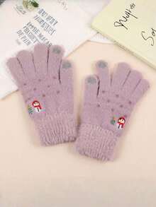 A Pair Of Korean-Style Cute Snowman Embroidered Plush Gloves, Touchscreen-Compatible Gloves, Christmas Atmosphere Gloves, Christmas-Style Gloves, With Cute Snowman Patterns, Women's Winter Fleece-Lined Warm Gloves.