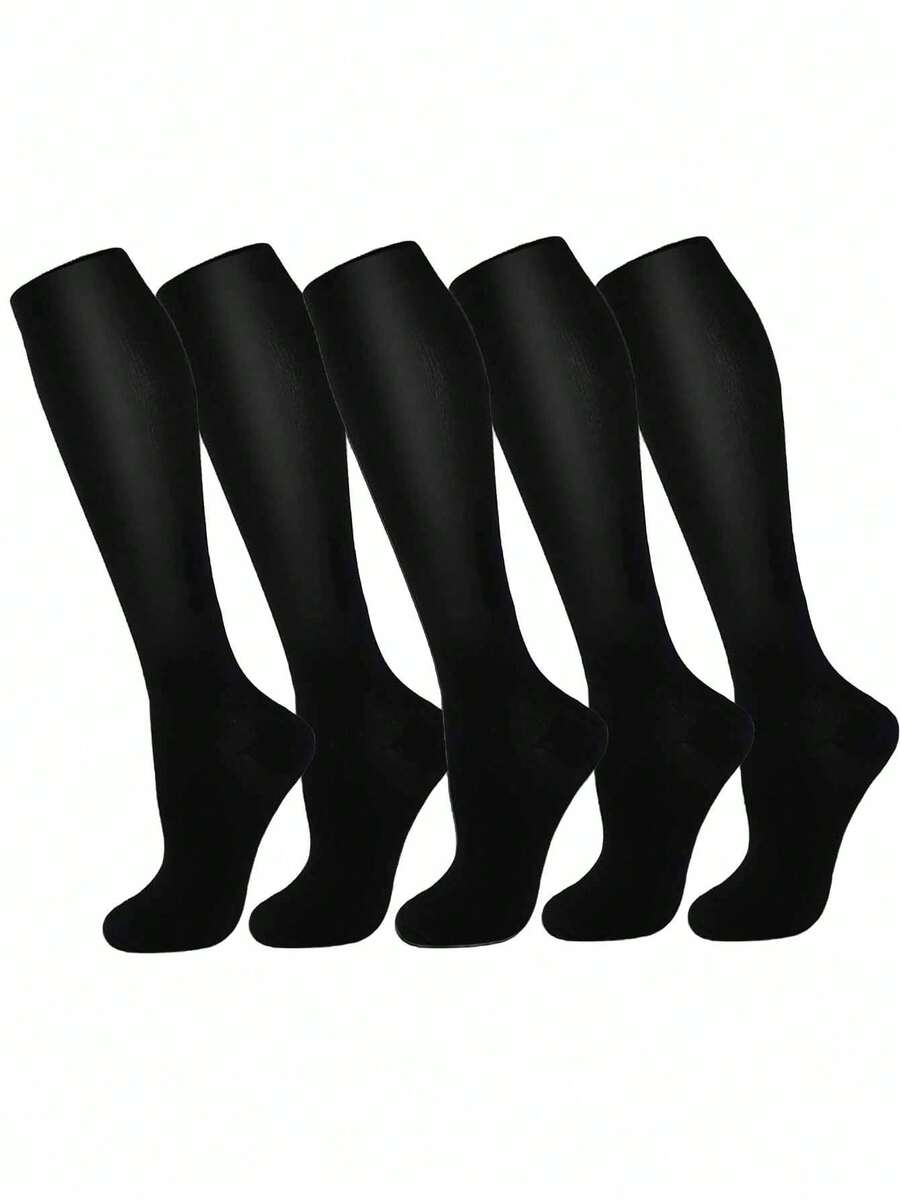 5/1 Pair Women & Men's Black Knee-High Compression Socks And Cycling Socks, Suitable For Running, Cycling, Fitness, Leggings, All Season, Boot Style, Knitted Socks, Great Gift For Family And Friends