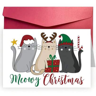 1 peça, cartão de Natal engraçado com envelope - gato adorável dando um presente para você, cartão de Feliz Natal para esposa e namorada, cartão de felicitações para amigos da família