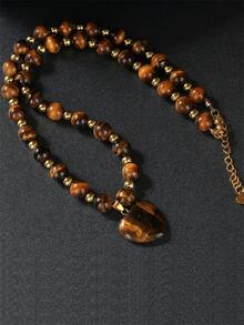 Elegant Vintage Inspired Tigers Eye Cat's Eye Stone Beaded Heart Pendant Necklace For Women Men Perfect For Parties Birthdays Everyday Glamour(No Card)