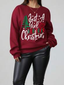 Plus Size Cozy Thermal Lined Crewneck Sweatshirt For Women - Christmas Letter Line Tree Print Casual Daily Wear Top, Holiday Versatile Fashion - Burgundy - View 1