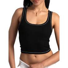 Camiseta de mujer de costilla con acolchado, top de entrenamiento de cuello cuadrado, top corto ajustado, camiseta básica de tirantes - Negro - Ver 5