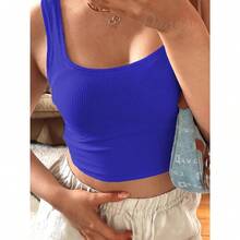 Women Rib Tank Top Padded Workout Top Square Neck Crop Tank Fitted Basic Cami Tops - Little Blue - View 6