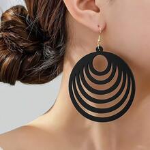 1 Pair Wireless Geometric Circle Wooden Pendant Earrings, Exaggerated Large Hoop Earrings - Black - View 3