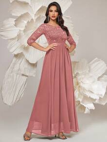 MIUSOL 优雅亮片花卉蕾丝七分袖褶裥雪纺正式派对长裙，正式晚礼服，适合婚礼宾客、毕业典礼、宴会及其他场合，春季款 - 藕粉色 - 查看 6