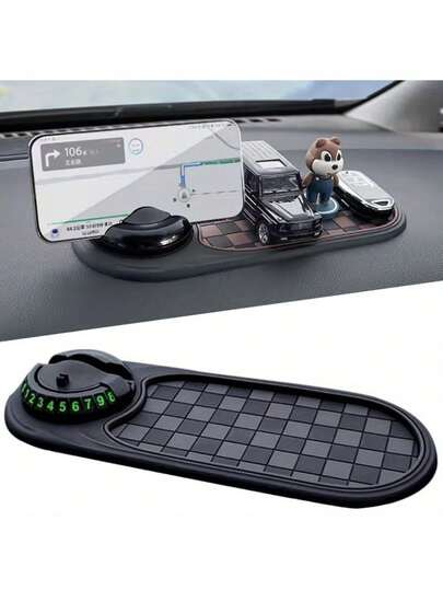 360° 可旋转汽车防滑垫，带手机支架和停车号码 - 防滑仪表盘收纳盒，用于钥匙、手机和导航，黑色设计，适用于汽车内饰，汽车手机支架，导航辅助，俏皮设计，坚固结构