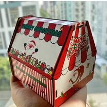 Uma pequena caixa de armazenamento de madeira com um padrão de desenho animado de um Papai Noel colorido entregando presentes, série de montagem DIY não concluída.