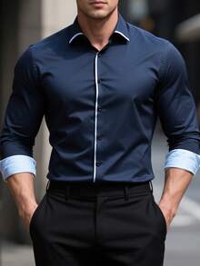1pc Men's Casual/Business Shirt, Intricate Craftsmanship - Pearl Buttons, Comfortable 100% Polyester Fabric, Meticulously Tailored, Slim Fit - Recommended To Pair With Suit Pants - Navy Blue - View 5