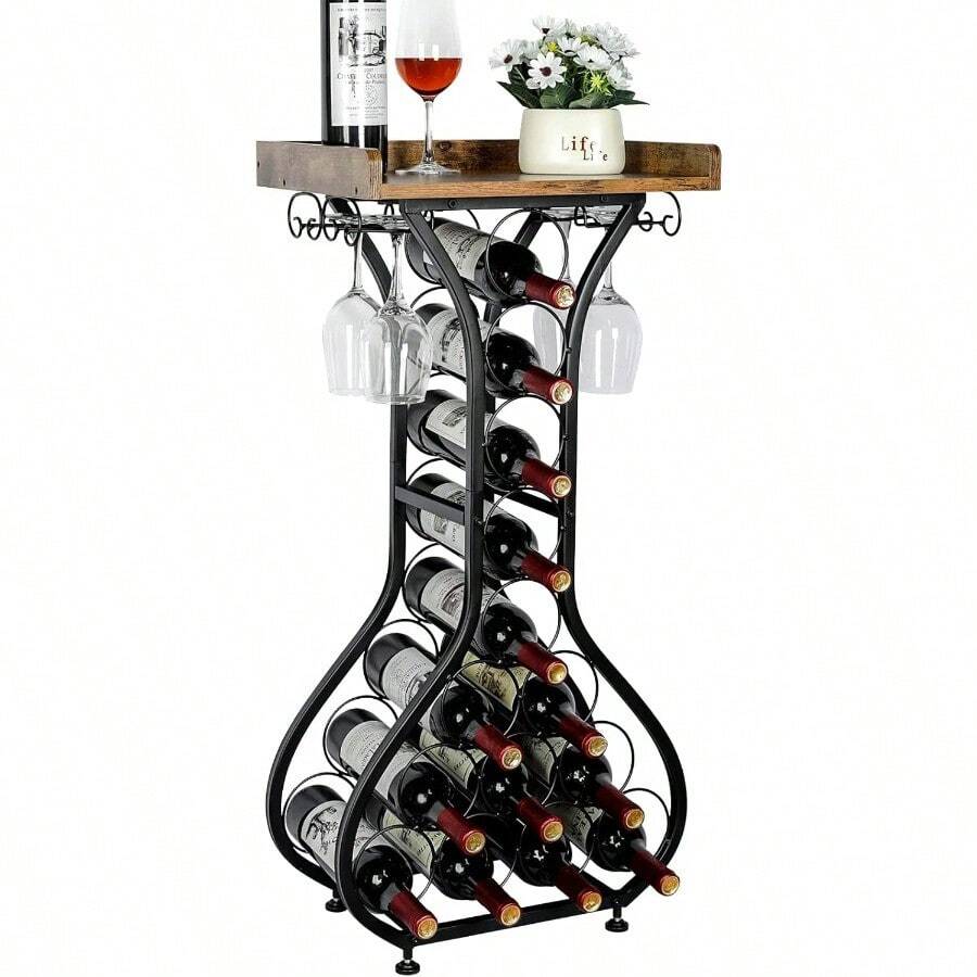 Wine Rack Freestanding Floor, Mini Bar Table Wine Holder Stand Liquor Cabinet With Glass Holder Wood Tabletop 14 Bottles Floor Wine Storage For Home Bar Kitchen Living Room