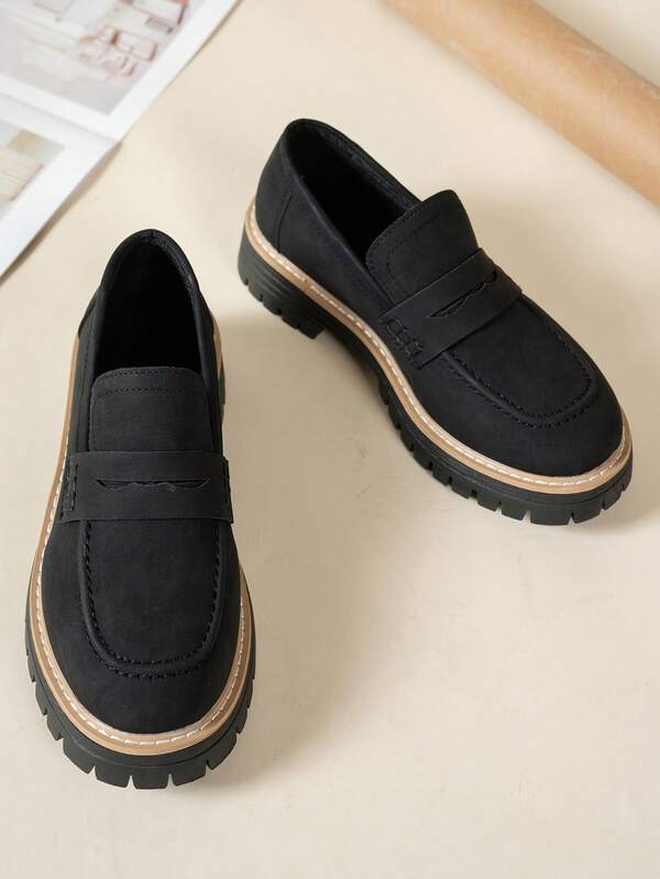 Damen Slip-On Loafer, Schwarz Frühling/Herbst Neue vielseitige College-Stil Mode Runde Zehenkappe Dicke Sohle Outdoor Bequeme Plateausohle Flats, Braun, Grün