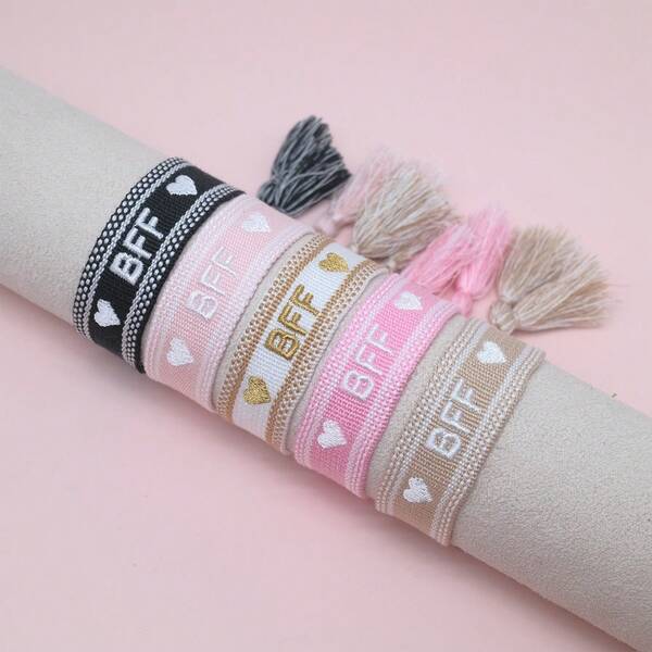 1 pieza Brazalete de vintage hecho a mano con bordado de letra, borlas y trenzado, estilo bohemio, regalo para mejores amigos, adecuado para fiestas, viajes y uso diario