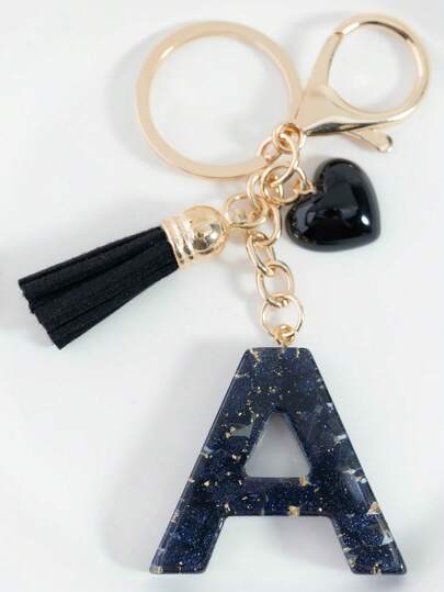 Sparkling Gold Foil Sandstone, 26 Uppercase English Resin Letters, 18KC Gold Lobster Buckle Chain Flat Ring Three Pieces Set Design, Paired With Fashionable And Casual Large Light Heart And Gold Tassel Decorative Accessories, Suitable For Bag Chains, Mobile Phone Hanging Chains, Keychains, As Well As S For Friends And Mothers Christmas Gift Ideas Bag Accessories Lanyards With Id Holder Car Accessories Bag Charms