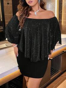 Plus Off Shoulder Cloak Sleeve Bodycon Dress - Black - View 6