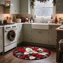 1 pièce/10 pièces Tapis de bain antidérapant avec design de poinsettia et flocon de neige, en matériau de flanelle, tapis de sol rond, décoration moelleuse, convient pour la salle de bain, la porte, la cuisine, le salon et autres occasions, lavable en machine, antidérapant, décoration de Noël, idée cadeau