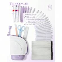2 In 1 Standing Pencil Telescopic Pen Holder Stationery Pouch Organizer Box Large Storage Bag School Students Office Women Teens Girls Boys Purple Ash White