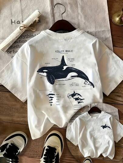 Camiseta Casual de Cuello Redondo y Manga Corta para Mujeres - Exquisito Patrón de Orca, Material de Poliéster, Ligera y Transpirable con Estampado de Vida Marina de Verano, Top con Tema de Ballena