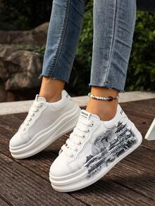 White Shoes College Style Round Toe Women's Casual Shoes Printed Flat Heel Thick Bottom Heightening Shoes Casual Sports Shoes Women's Shoes - Màu be - Xem 13