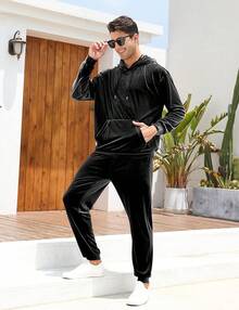 Mens 2 Piece Velour Hoodie Tracksuit Long Sleeve Velvet Hooded Pullover Casual Athletic Jogging Sweatsuit Set-2025 - 黑色 - 查看 9