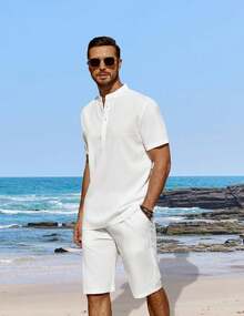 Men's 2 Pieces Linen Set Casual Henley Short Sleeve Shirts Beach Yoga Shorts Summer Outfits - Màu xanh lam - Xem 9