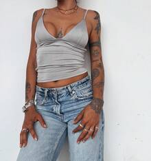 Open Neckline Blouse Simple Knitted Fabric Draped - Màu Xám nhạt - Xem 3