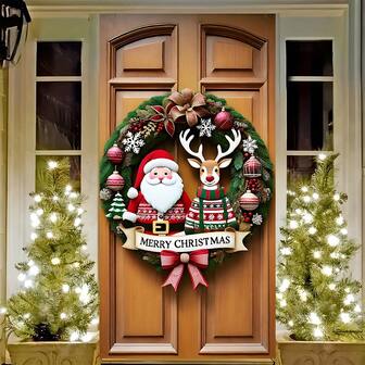 1pc HEGO Polyester Christmas Wreath With Santa Claus And Reindeer, Red Bow Door Hanging, Festive Indoor/Outdoor Decoration, No Power Needed, Ideal For Entryway, Fits Standard Doors