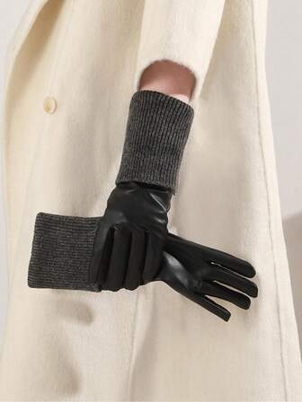 1 双女士冬季保暖时尚 PU 皮手套，保暖内衬，防风，防水，触摸屏手套，适合休闲户外