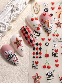 2张Y2K台球美甲贴纸，3D卡通樱桃豹星台球扑克牌美甲图案可爱美甲装饰自粘美甲贴花美甲沙龙DIY美甲用品 - 彩色 - 查看 3