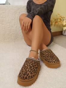 Women's Fluffy Leopard Print Slippers, Cozy Warm Faux Fur Indoor House Slides, Soft Non-Slip Sole Comfortable Bedroom Shoes For Halloween Home - Leopard Print - View 2