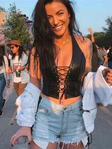 2025 New Women's Halter Neck Lace-Up PU Crop Top, Navel-Exposed Fashion Vest, Trendy Hollow Design, Sexy Party Outfit, Summer Festival Top - Negro - Ver 5