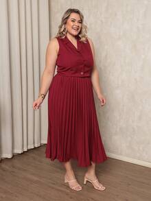 ANLE MODAS Women's Set Pleated Skirt With Elegant Vest Luis Twill Plus Size - 酒紅色 - 查看 3