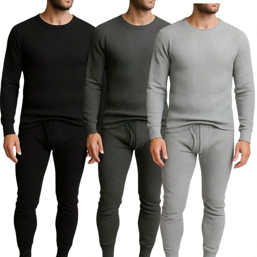 Men's 3 Pack Full Thermal Sets Ultra Soft 6 Piece Cotton Top And Bottom Set, Warm Cotton Long Johns, Winter Base Layer, Thermal Underwear For Men - 黑/灰/木炭 - 查看 1