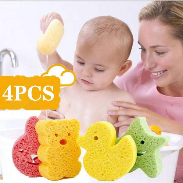 1/4Pcs Golden Baby Bath Sponges, Natural Bathing Sponges For Infant & Kids, Bathing Scrubber Cleaning Sponge For Newborns