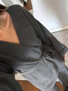 Women's Elegant 2 Pieces Set, Notched Neck Tie Front Loose Fit, Slightly Stretchy Fabric, Suitable For Winter Wear - Dark Grey - View 7