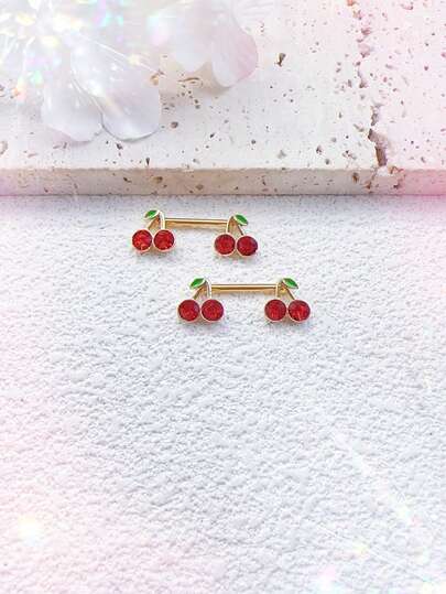 2 piezas Anillos de pezón de acero inoxidable con diseño de cereza a la moda y lindo, accesorios de fundición de cobre con estilo europeo y americano, regalo para fashionista, fiesta, cita