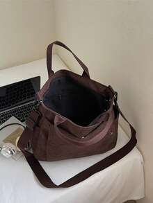 灯芯绒多口袋女士复古手提包，简约单肩/斜挎包，学生书包，办公手提包，大容量可折叠购物袋 - 棕色 - 查看 7