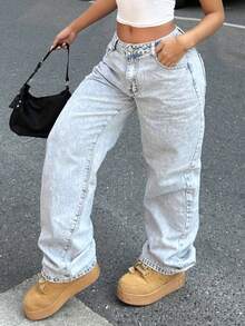 Jeans casuales y versátiles de cintura baja y pierna recta para adolescentes - Azul - Ver 3